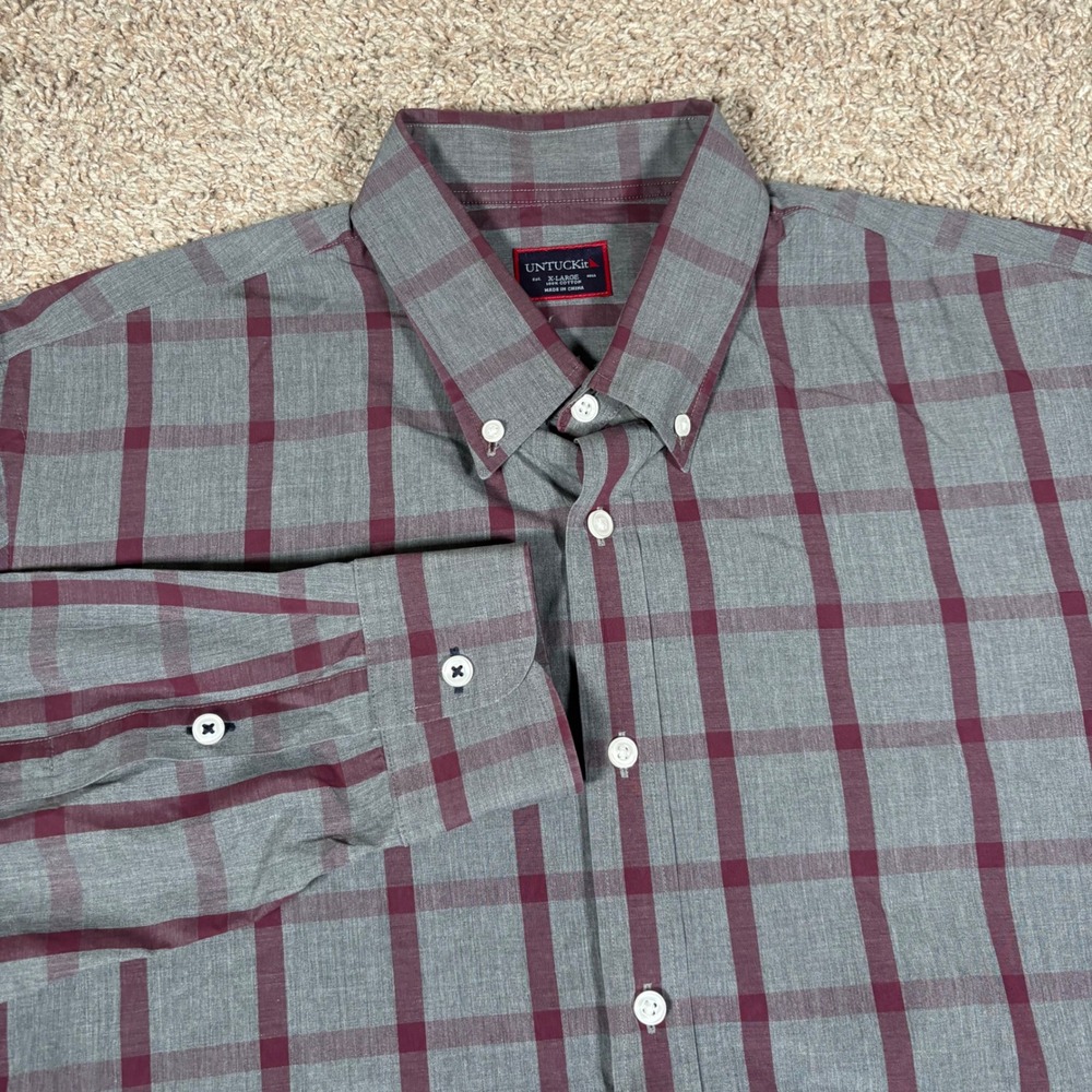 UNTUCKit Plaid Button Down Shirt Long Sleeve Gray Burgundy XL Mens
